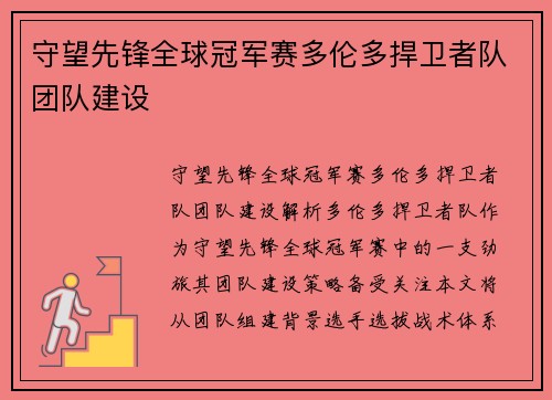 守望先锋全球冠军赛多伦多捍卫者队团队建设